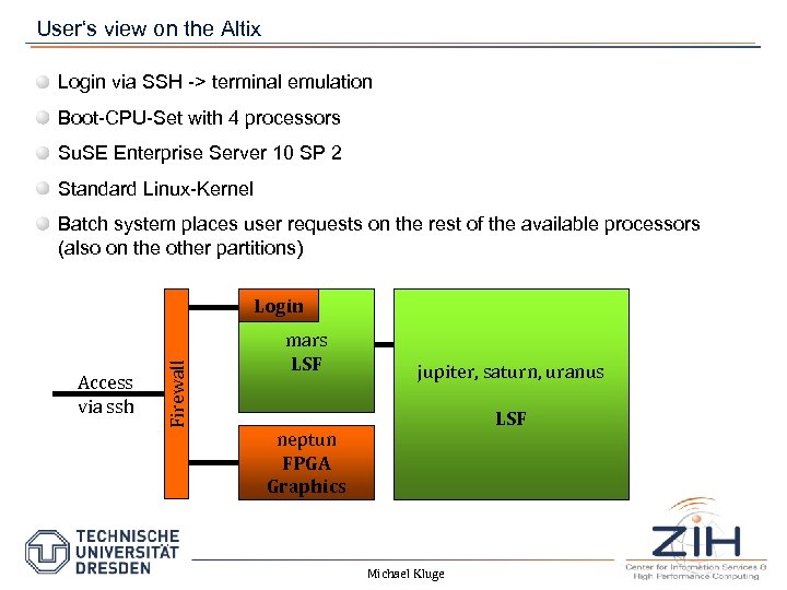 User‘s view on the Altix Login via SSH -> terminal emulation Boot-CPU-Set with 4