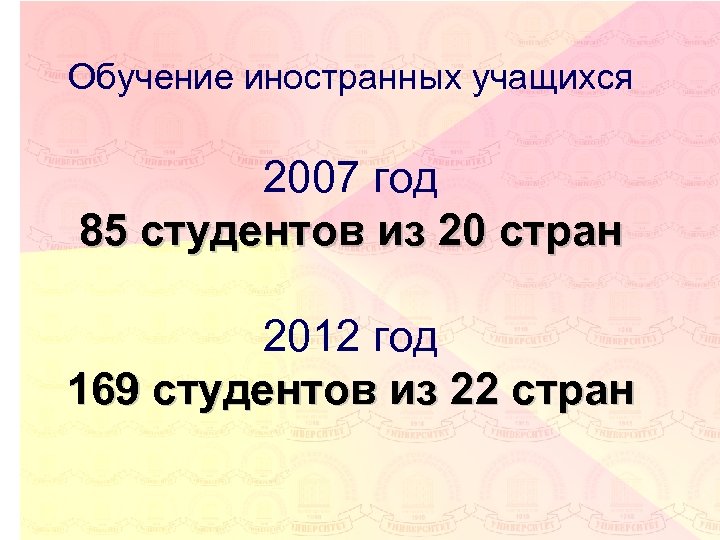 Обучение иностранных учащихся 2007 год 85 студентов из 20 стран 2012 год 169 студентов