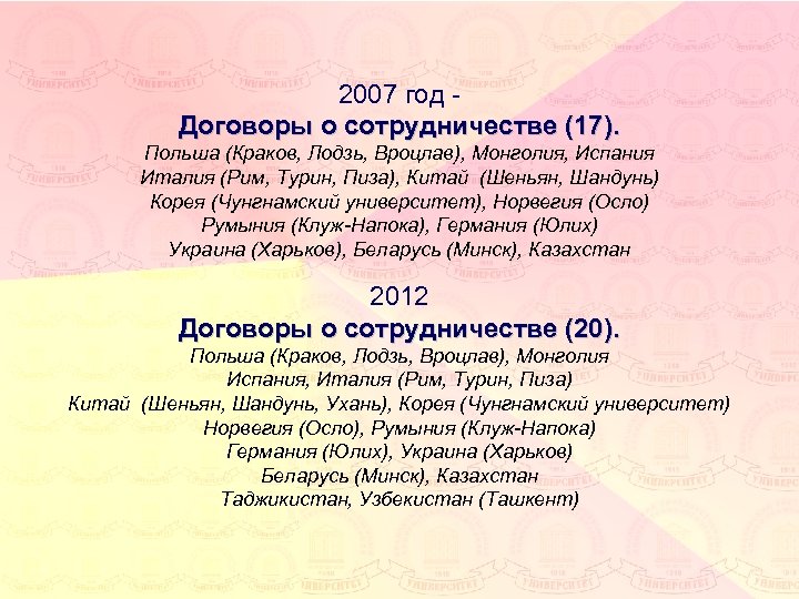 2007 год Договоры о сотрудничестве (17). Польша (Краков, Лодзь, Вроцлав), Монголия, Испания Италия (Рим,