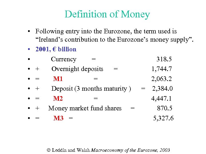 Definition of Money • Following entry into the Eurozone, the term used is “Ireland’s