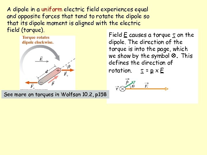 A dipole in a uniform electric field experiences equal and opposite forces that tend