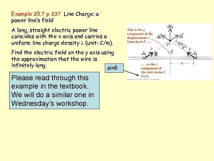 Example 20. 7 p 337 Line Charge: a power line’s field A long, straight