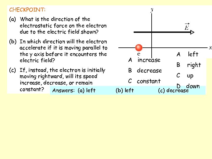 CHECKPOINT: (a) What is the direction of the electrostatic force on the electron due