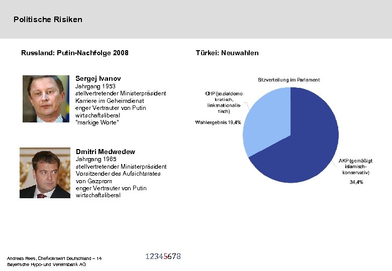 Politische Risiken Russland: Putin-Nachfolge 2008 Türkei: Neuwahlen Sergej Ivanov Jahrgang 1953 stellvertretender Ministerpräsident Karriere