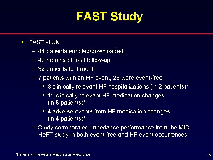 FAST Study § FAST study – 44 patients enrolled/downloaded – 47 months of total