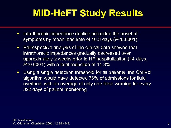 MID-He. FT Study Results § Intrathoracic impedance decline preceded the onset of symptoms by