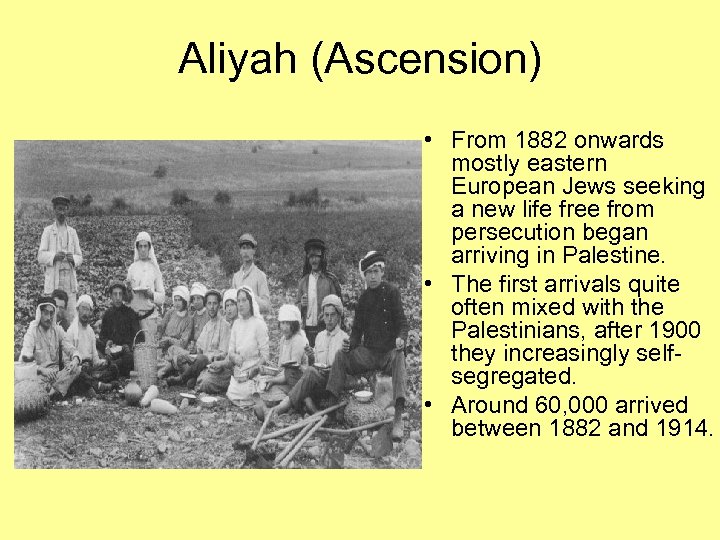 Aliyah (Ascension) • From 1882 onwards mostly eastern European Jews seeking a new life