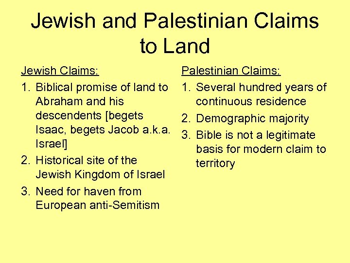 Jewish and Palestinian Claims to Land Jewish Claims: 1. Biblical promise of land to