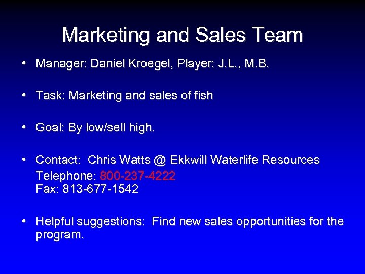 Marketing and Sales Team • Manager: Daniel Kroegel, Player: J. L. , M. B.