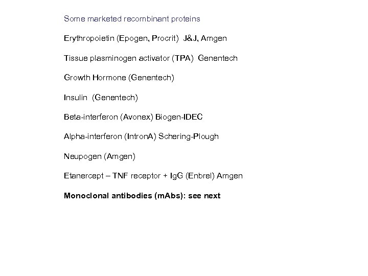 Some marketed recombinant proteins Erythropoietin (Epogen, Procrit) J&J, Amgen Tissue plasminogen activator (TPA) Genentech