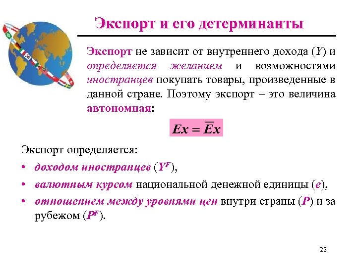 Экспорт и его детерминанты Экспорт не зависит от внутреннего дохода (Y) и определяется желанием