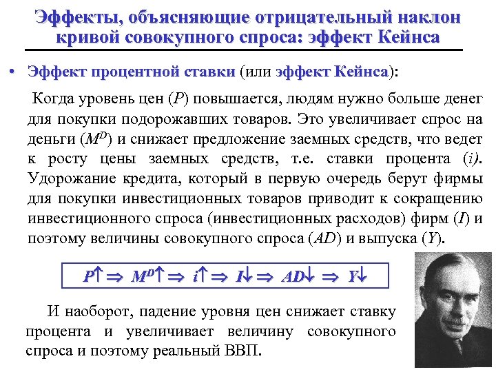 Эффекты, объясняющие отрицательный наклон кривой совокупного спроса: эффект Кейнса • Эффект процентной ставки (или