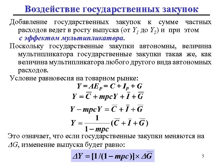 Воздействие государственных закупок Добавление государственных закупок к сумме частных расходов ведет в росту выпуска