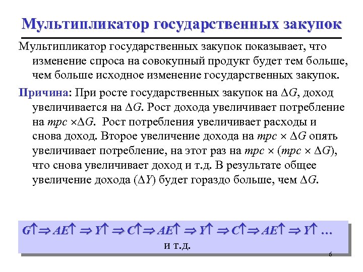 Мультипликатор государственных закупок показывает, что изменение спроса на совокупный продукт будет тем больше, чем