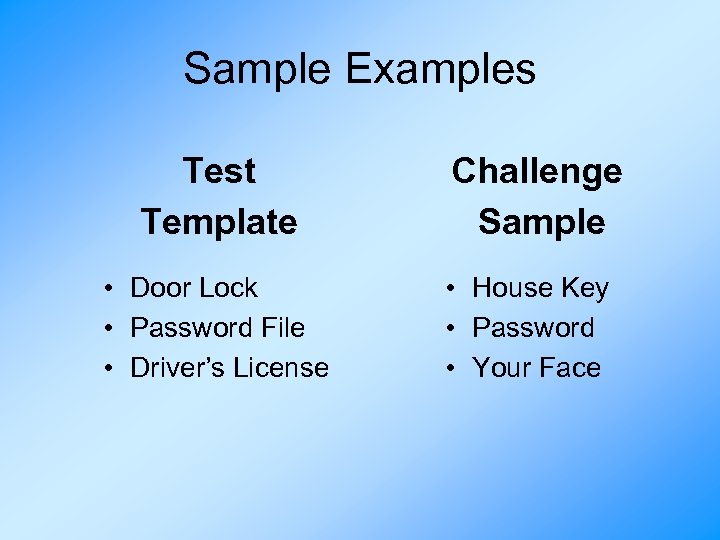 Sample Examples Test Template • Door Lock • Password File • Driver’s License Challenge