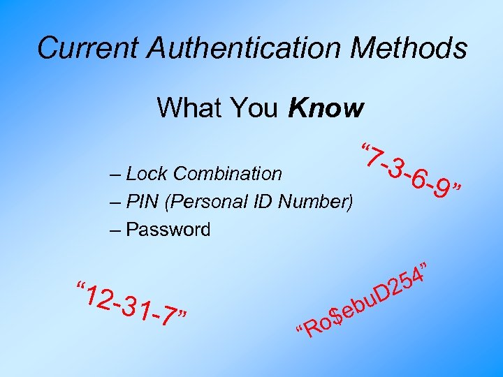 Current Authentication Methods What You Know – Lock Combination – PIN (Personal ID Number)