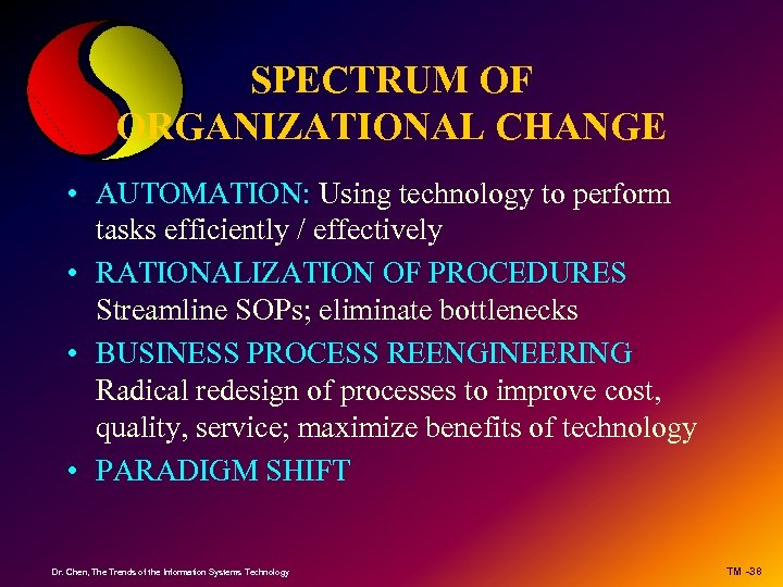 SPECTRUM OF ORGANIZATIONAL CHANGE • AUTOMATION: Using technology to perform tasks efficiently / effectively