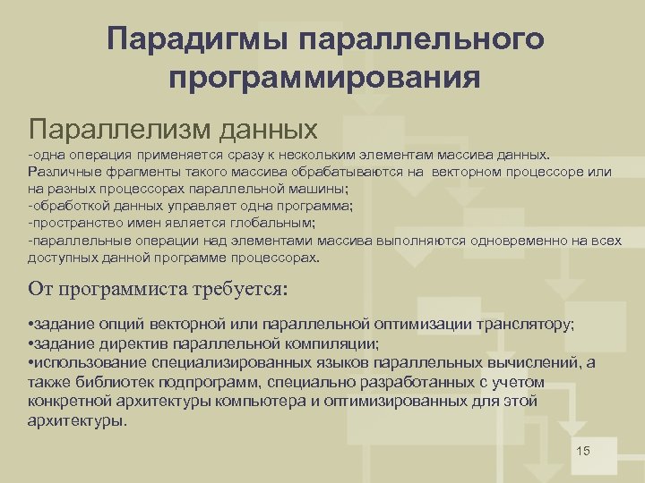 Парадигмы параллельного программирования Параллелизм данных -одна операция применяется сразу к нескольким элементам массива данных.