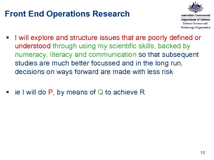 Front End Operations Research § I will explore and structure issues that are poorly