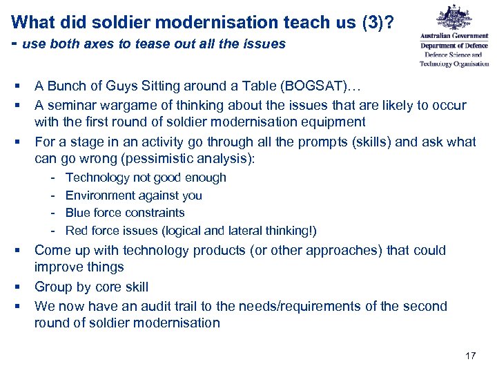 What did soldier modernisation teach us (3)? - use both axes to tease out