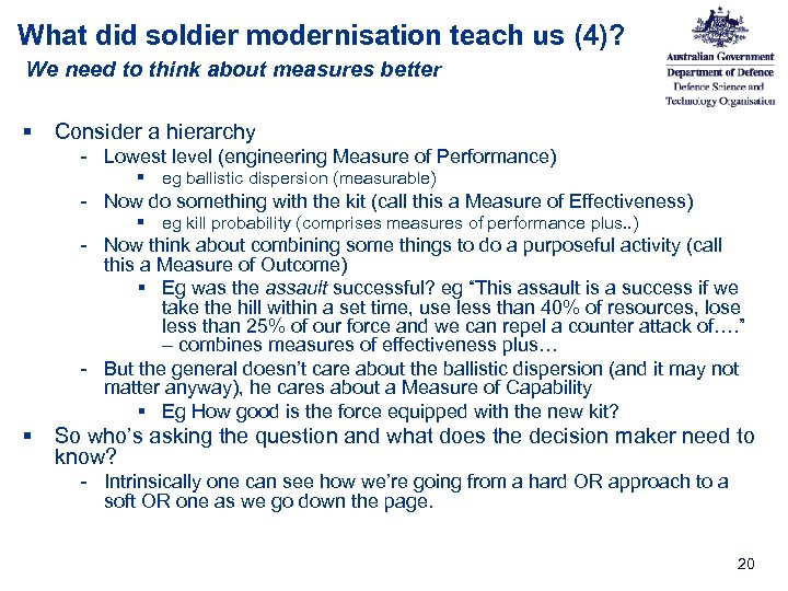 What did soldier modernisation teach us (4)? We need to think about measures better