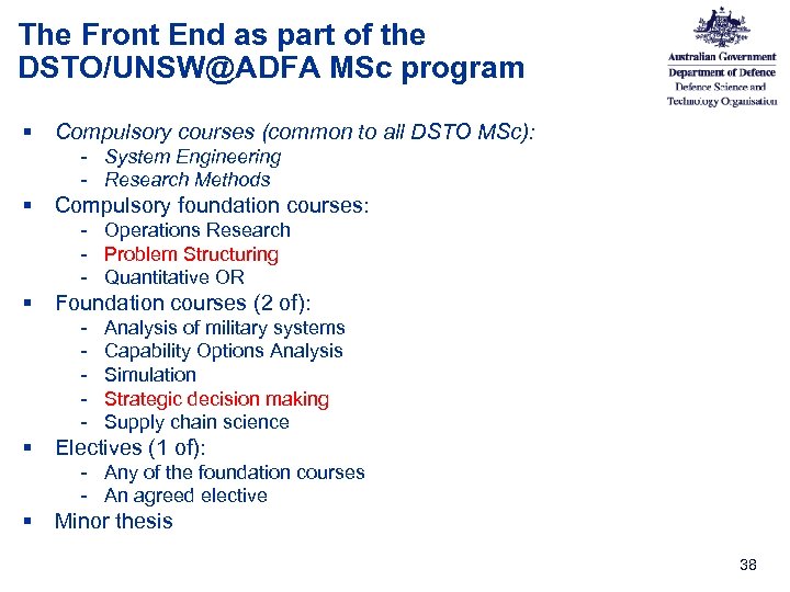 The Front End as part of the DSTO/UNSW@ADFA MSc program § Compulsory courses (common