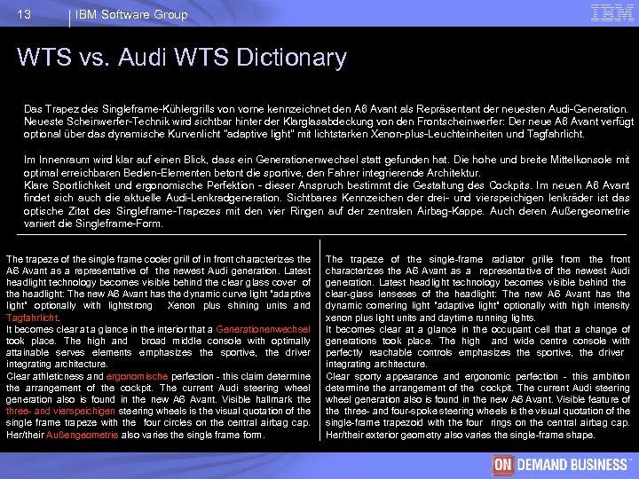 13 IBM Software Group WTS vs. Audi WTS Dictionary Original Das Trapez des Singleframe-Kühlergrills