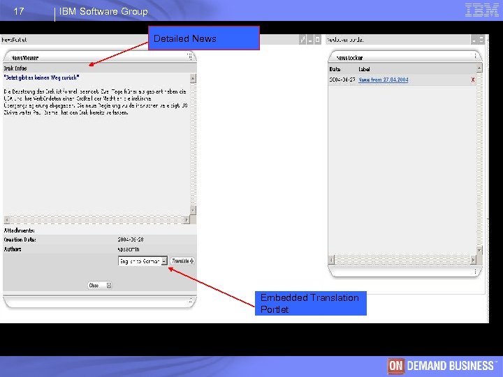 17 IBM Software Group Detailed News Embedded Translation Portlet © 2003 IBM Corporation 