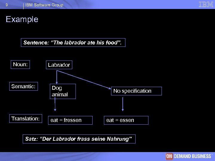 9 IBM Software Group Example Sentence: “The labrador ate his food”. Noun: Semantic: Translation: