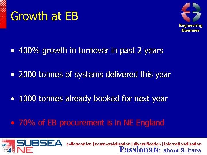 Growth at EB Engineering Business • 400% growth in turnover in past 2 years