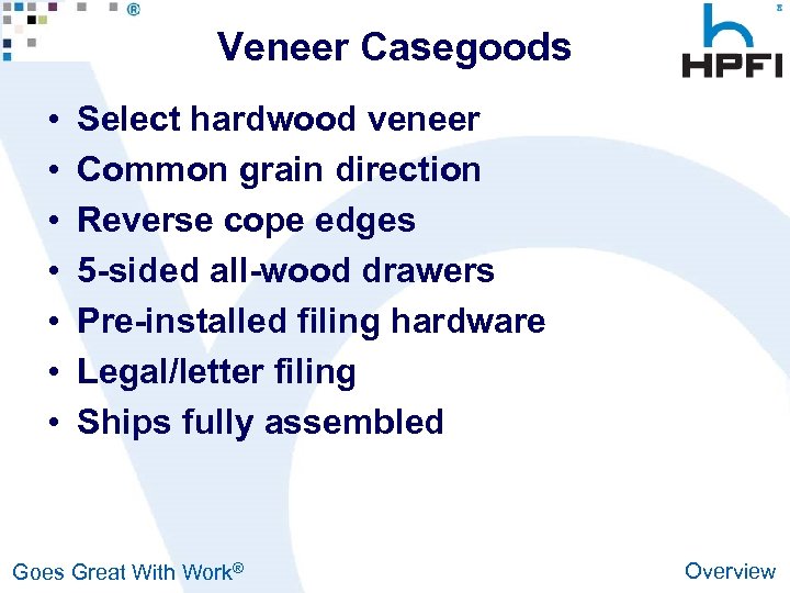 Veneer Casegoods • • Select hardwood veneer Common grain direction Reverse cope edges 5