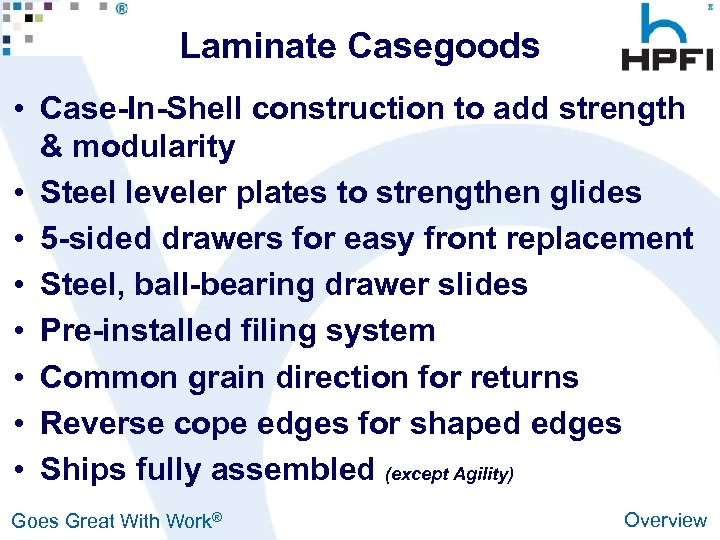 Laminate Casegoods • Case-In-Shell construction to add strength & modularity • Steel leveler plates