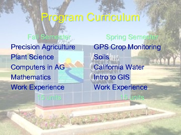 Program Curriculum Fall Semester Precision Agriculture Plant Science Computers in AG Mathematics Work Experience