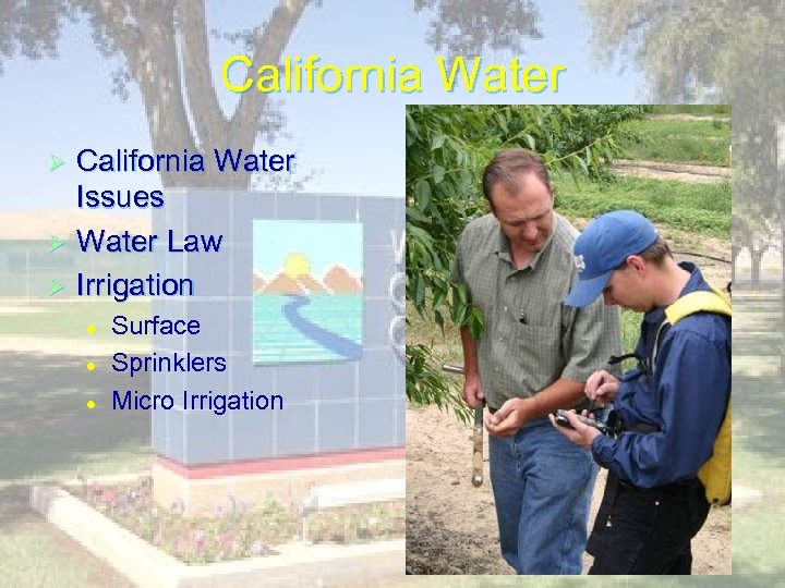California Water Issues Ø Water Law Ø Irrigation Ø l l l Surface Sprinklers