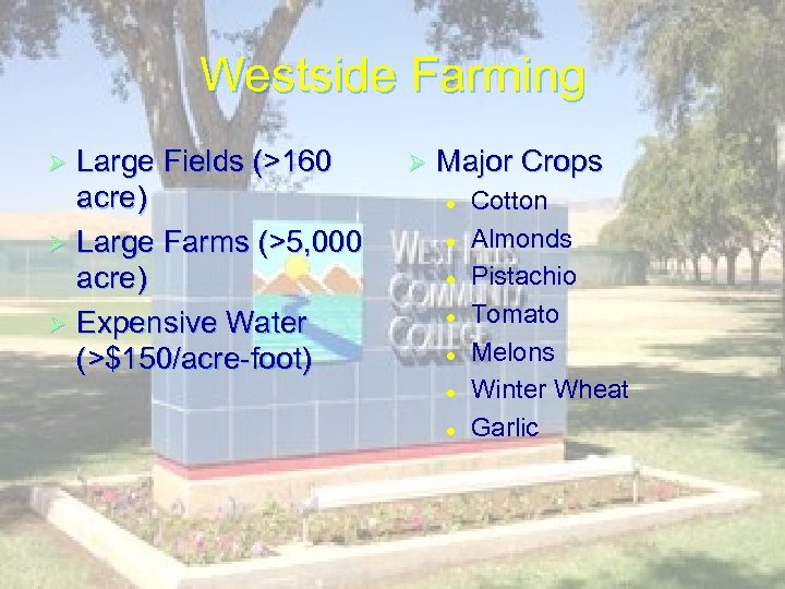 Westside Farming Large Fields (>160 acre) Ø Large Farms (>5, 000 acre) Ø Expensive