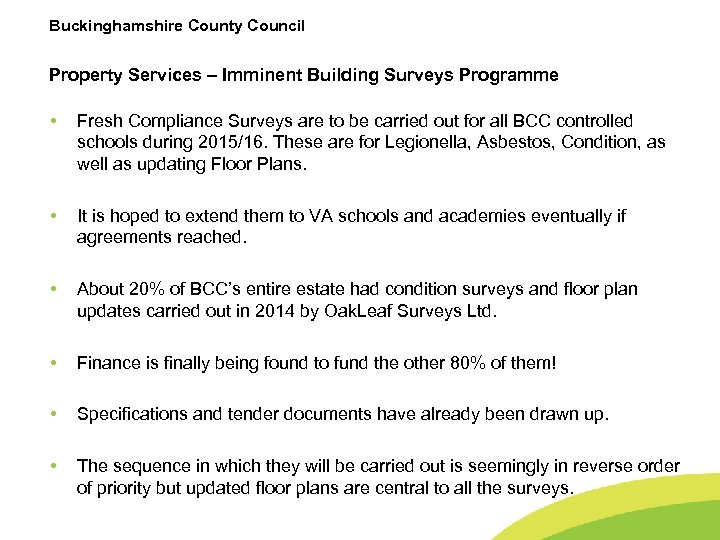 Buckinghamshire County Council Property Services – Imminent Building Surveys Programme • Fresh Compliance Surveys