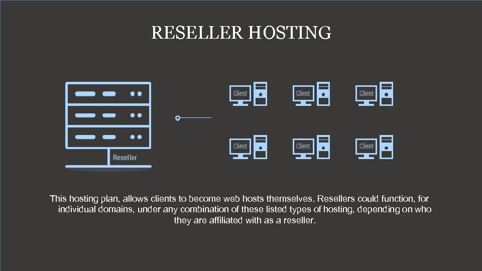 RESELLER HOSTING This hosting plan, allows clients to become web hosts themselves. Resellers could