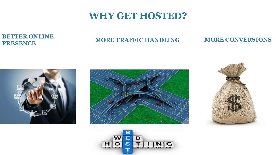 WHY GET HOSTED? BETTER ONLINE PRESENCE MORE TRAFFIC HANDLING MORE CONVERSIONS 