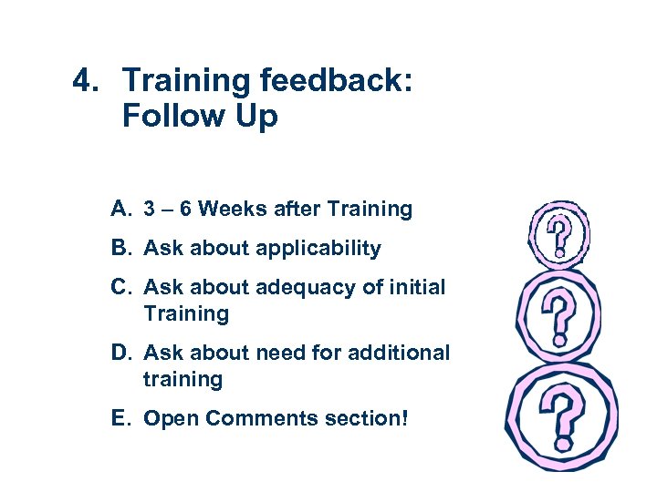 4. Training feedback: Follow Up A. 3 – 6 Weeks after Training B. Ask