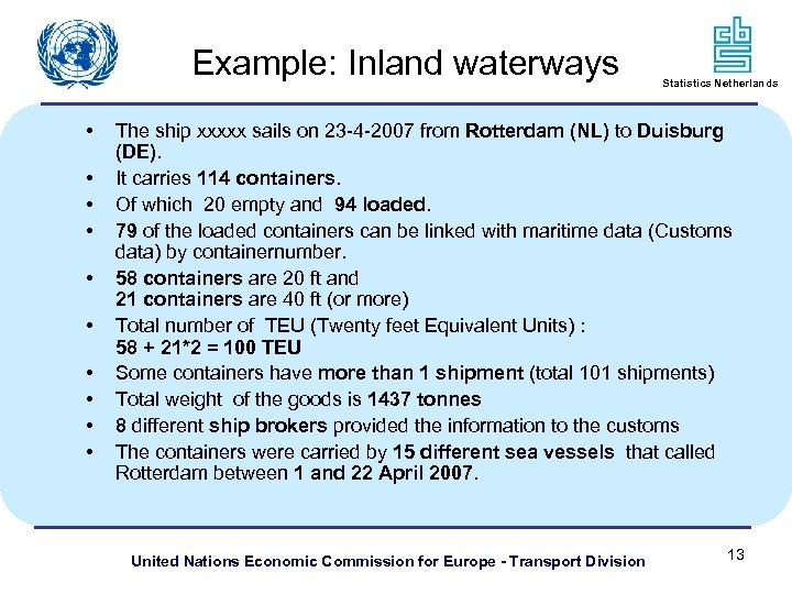 Example: Inland waterways • • • Statistics Netherlands The ship xxxxx sails on 23