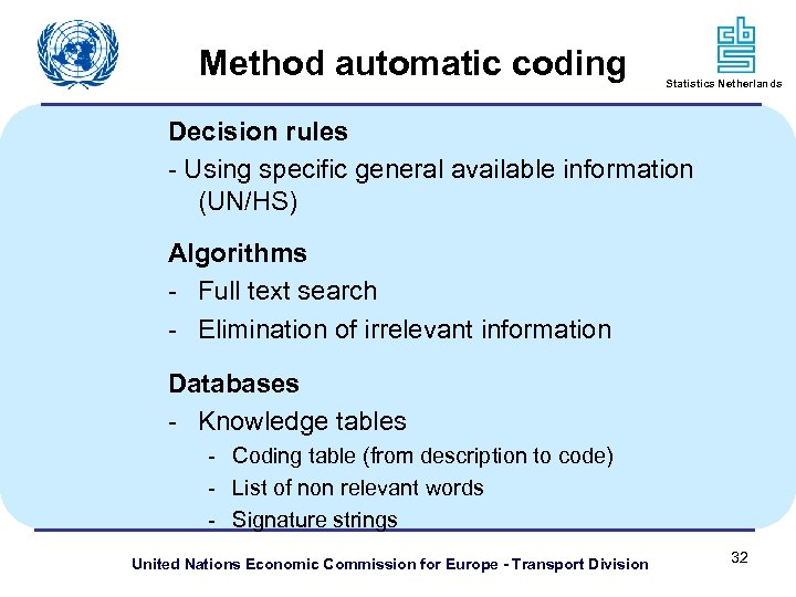 Method automatic coding Statistics Netherlands Decision rules - Using specific general available information (UN/HS)