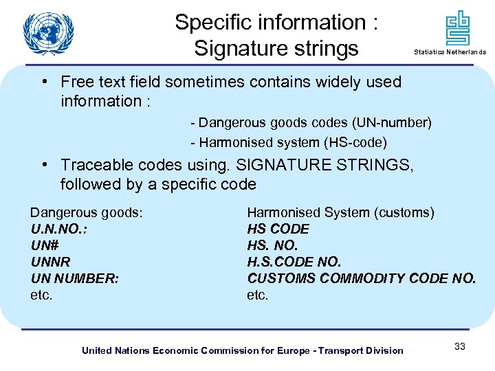 Specific information : Signature strings Statistics Netherlands • Free text field sometimes contains widely