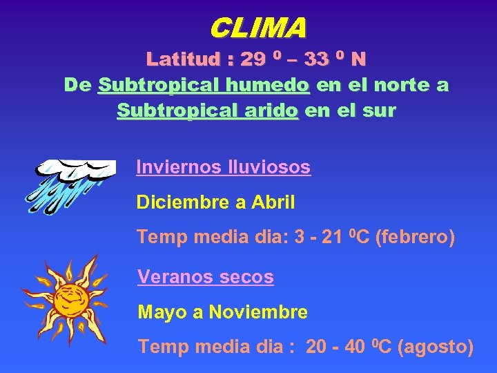 CLIMA Latitud : 29 0 – 33 0 N De Subtropical humedo en el