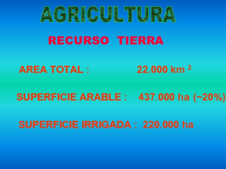 RECURSO TIERRA AREA TOTAL : 22. 000 km 2 SUPERFICIE ARABLE : 437. 000