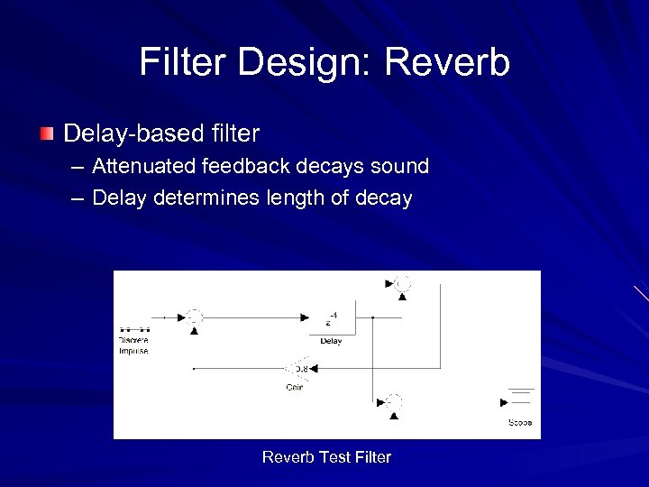 Filter Design: Reverb Delay-based filter – Attenuated feedback decays sound – Delay determines length