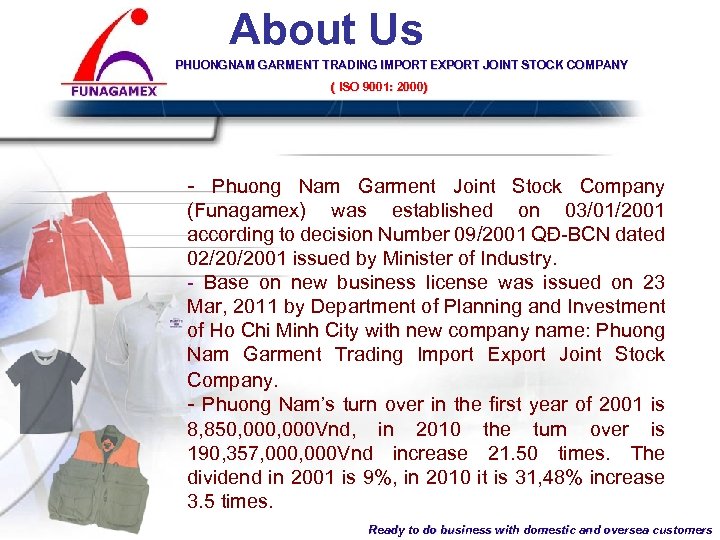 About Us PHUONGNAM GARMENT TRADING IMPORT EXPORT JOINT STOCK COMPANY ( ISO 9001: 2000)