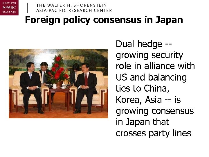 Foreign policy consensus in Japan Dual hedge -growing security role in alliance with US