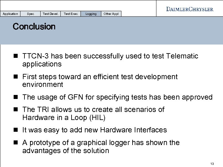 Application Spec Test Devel. Test Exec Logging Other Appl Conclusion n TTCN-3 has been