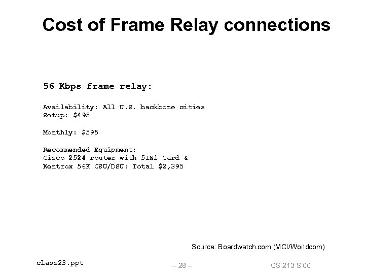 Cost of Frame Relay connections 56 Kbps frame relay: Availability: All U. S. backbone