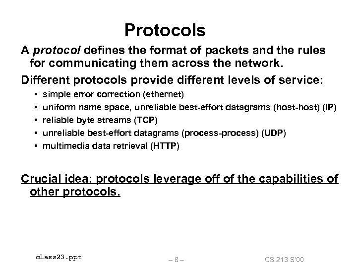 Protocols A protocol defines the format of packets and the rules for communicating them